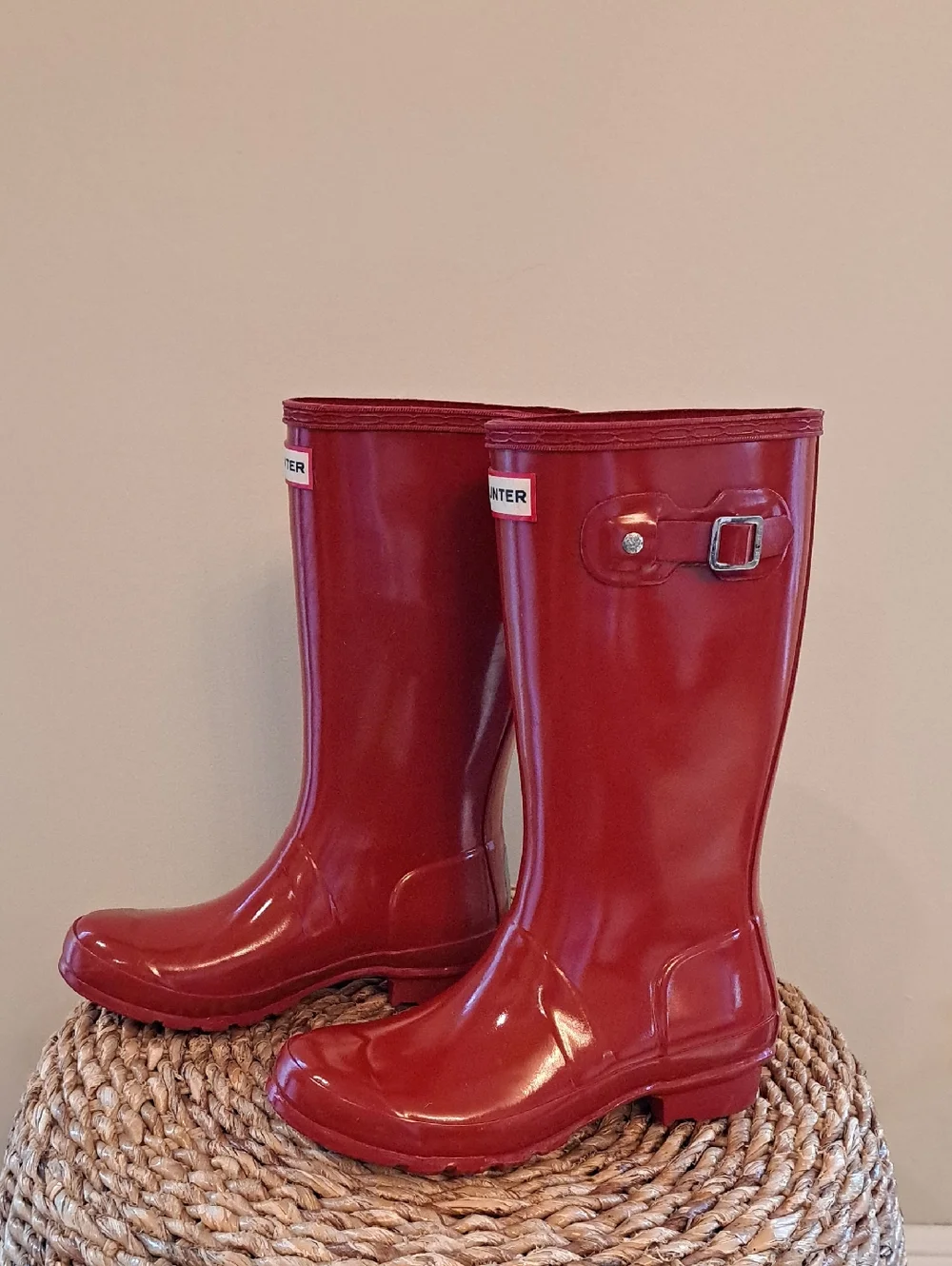 Hunter Youth Unisex‎ Cherry Red Rubber Glossy Rubber Wellington Rain Boots B4/G4